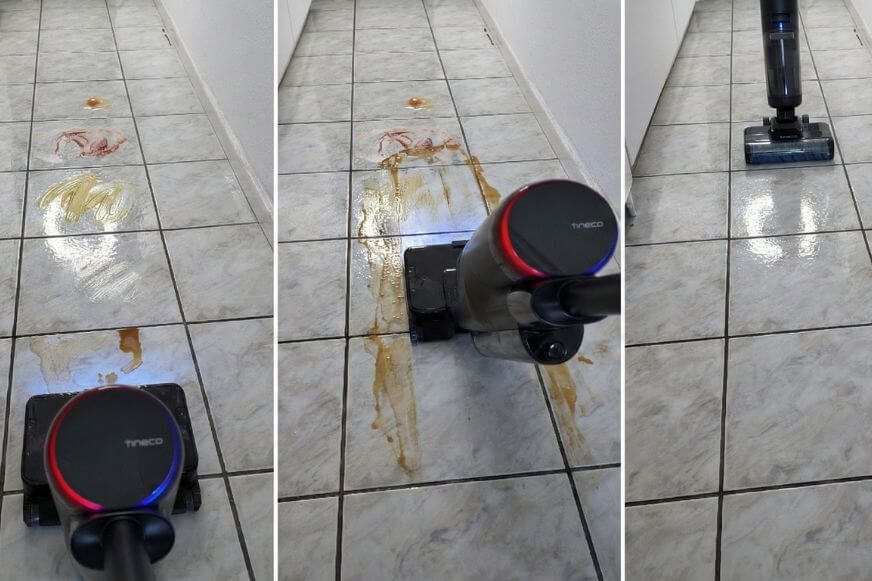 Tineco S7 Max Pro im Auto-Modus im Extremtest - zeigt, dass mehrere Überfahrten nötig sind, bis die Flecken verschwinden.